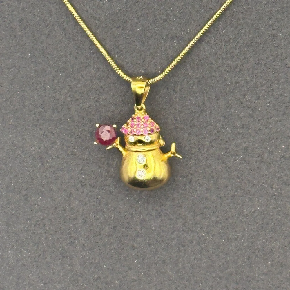 Adorable Gold and Rhodolite Snowman Pendant Necklace - Picture 4 of 11